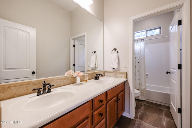 25995 N 85th Dr, Peoria, AZ 85383 - bathroom featuring toilet, double vanity, shower / tub combo, and tile patterned floors