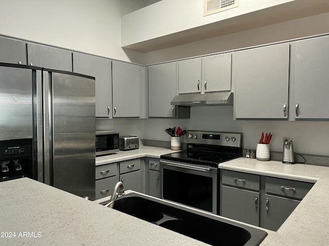 5839 E Norwood St, Mesa, AZ 85215 - kitchen with appliances with stainless steel finishes, visible vents, gray cabinetry, light countertops, and under cabinet range hood