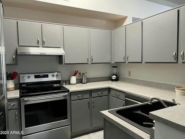 5839 E Norwood St, Mesa, AZ 85215 - kitchen featuring a sink, under cabinet range hood, gray cabinets, stainless steel electric range oven, and light countertops