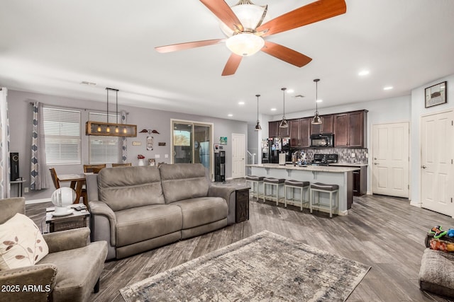 291 N Scott Dr, Chandler, AZ 85225 - living room featuring visible vents, wood finished floors, recessed lighting, and a ceiling fan