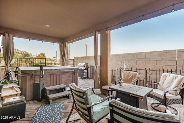 291 N Scott Dr, Chandler, AZ 85225 - view of patio / terrace with a hot tub, an outdoor hangout area, fence, and grilling area