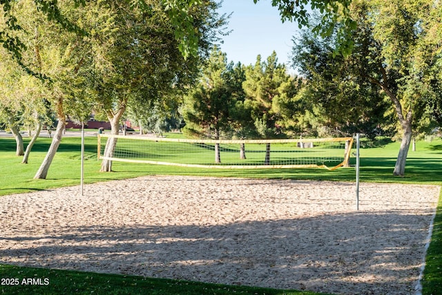view of community with a lawn and volleyball court