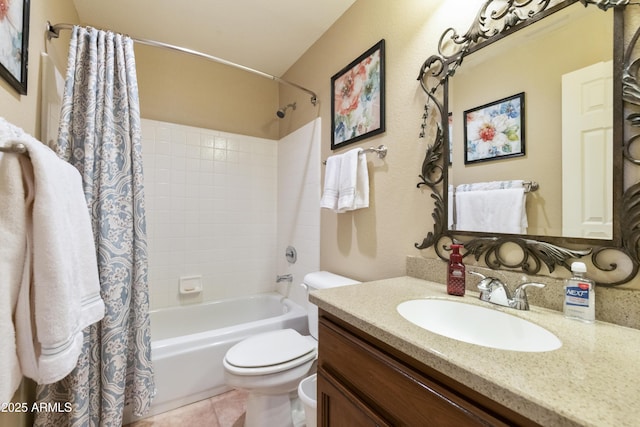 full bathroom featuring tile patterned flooring, shower / bath combination with curtain, vanity, and toilet