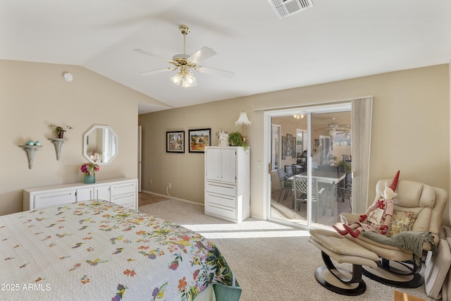 bedroom with lofted ceiling, access to outside, ceiling fan, and light colored carpet