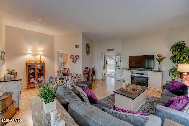 living room featuring a fireplace and light wood-type flooring