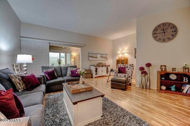 living room featuring a textured ceiling and hardwood / wood-style floors