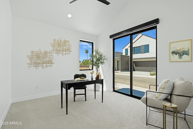 6329 N 10th Dr, Phoenix, AZ 85013 - carpeted home office featuring recessed lighting, baseboards, vaulted ceiling, and ceiling fan