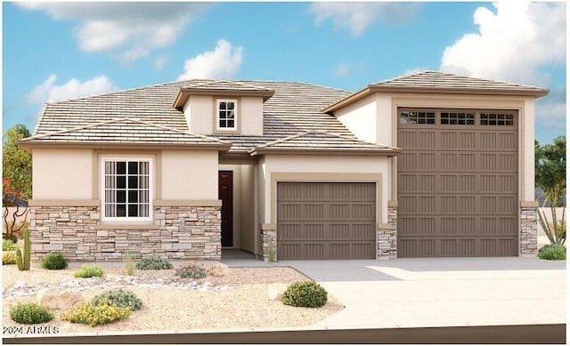 prairie-style house featuring a garage