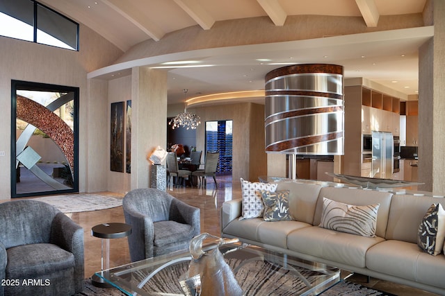 living room with vaulted ceiling with beams and an inviting chandelier