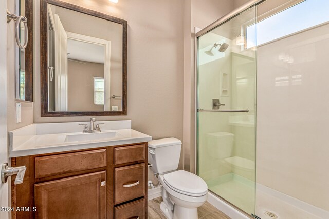 bathroom with vanity, a healthy amount of sunlight, a shower with shower door, and toilet