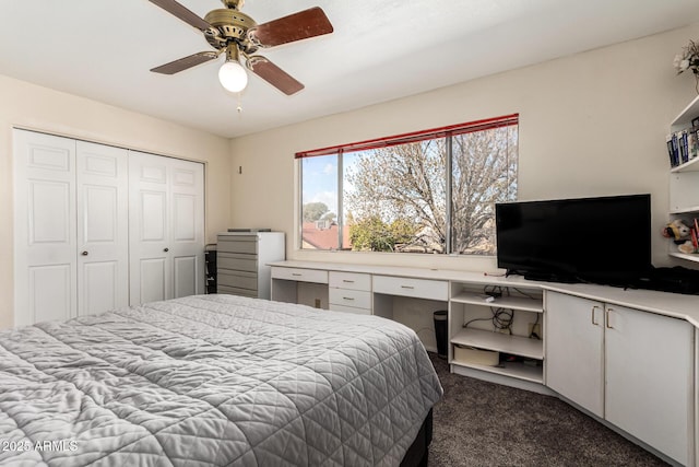 bedroom with dark carpet, a closet, and ceiling fan