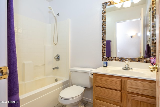 full bathroom featuring shower / bathtub combination, vanity, toilet, and tile patterned floors