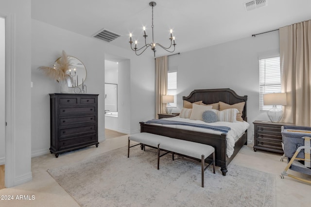 bedroom featuring an inviting chandelier, baseboards, visible vents, and light carpet