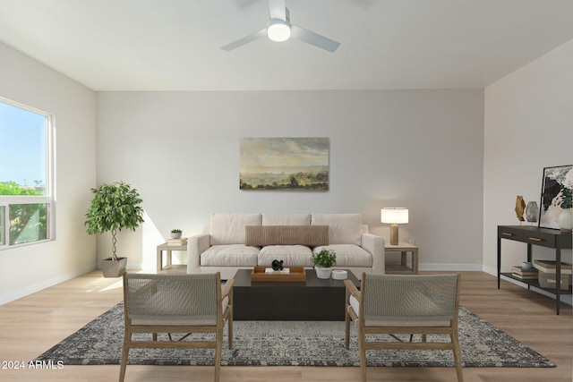 living room with ceiling fan and wood-type flooring