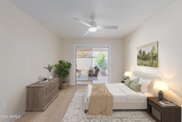 bedroom with light colored carpet, access to outside, and ceiling fan