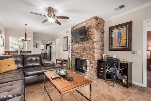 tiled living room featuring a fireplace, ceiling fan with notable chandelier, and ornamental molding