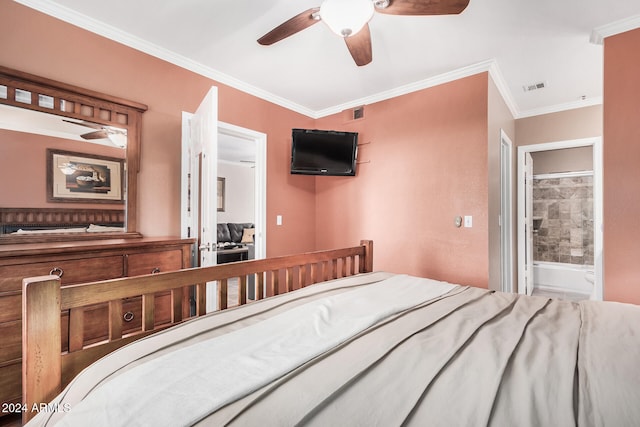 bedroom with ensuite bathroom, ceiling fan, and ornamental molding