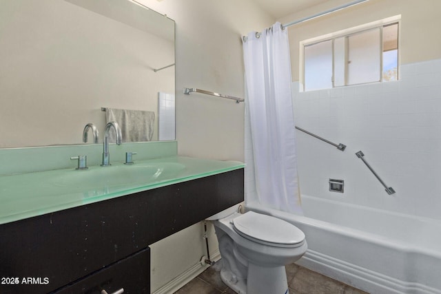 bathroom with shower / bath combo, tile patterned flooring, vanity, and toilet