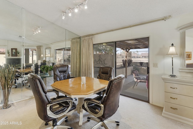 carpeted dining area featuring vaulted ceiling, a textured ceiling, and plenty of natural light