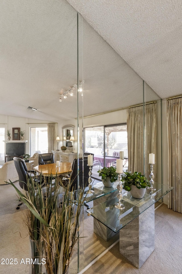 carpeted dining space with a textured ceiling