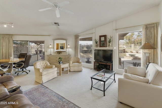 living room with vaulted ceiling, a wealth of natural light, light carpet, and a textured ceiling