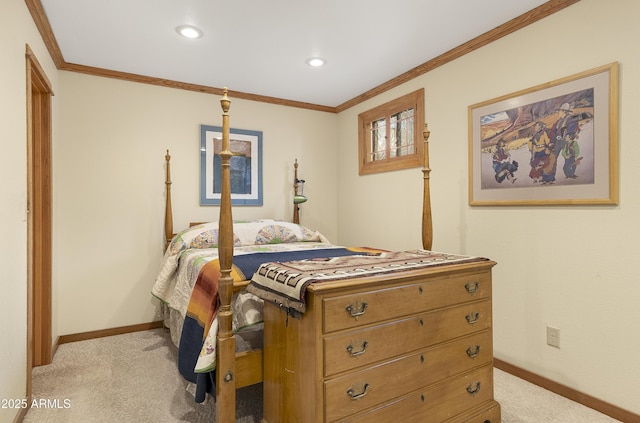 bedroom with ornamental molding, recessed lighting, light colored carpet, and baseboards