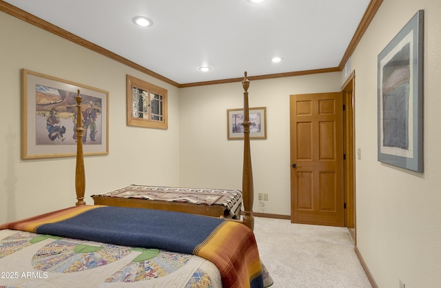 carpeted bedroom with ornamental molding, recessed lighting, and baseboards