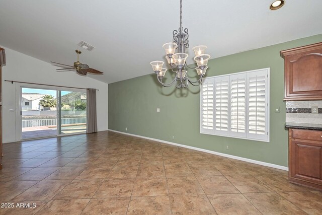 5226 W Pontiac Dr, Glendale, AZ 85308 - interior space featuring visible vents, baseboards, lofted ceiling, and ceiling fan with notable chandelier