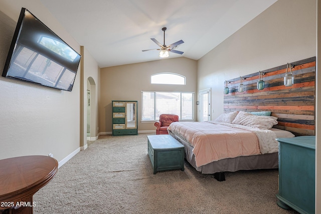 bedroom with carpet flooring, high vaulted ceiling, and ceiling fan