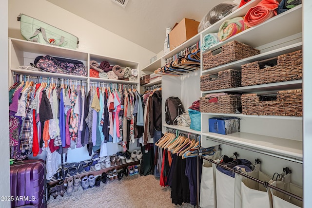 spacious closet with carpet and vaulted ceiling