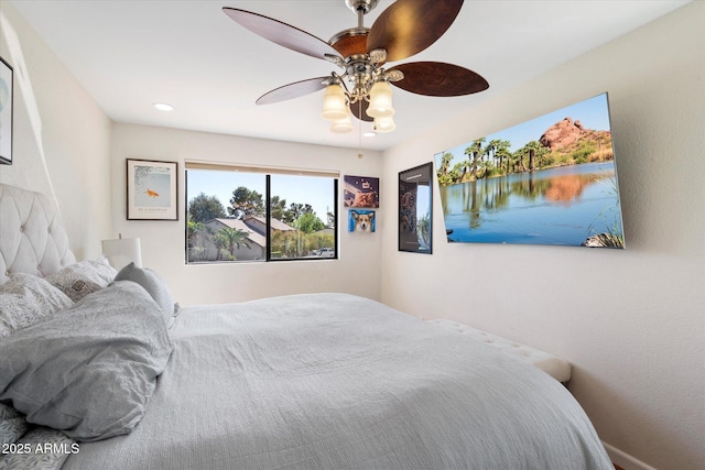 bedroom with recessed lighting and ceiling fan