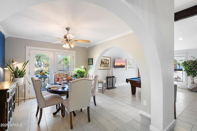 dining space with a ceiling fan, baseboards, ornamental molding, pool table, and french doors