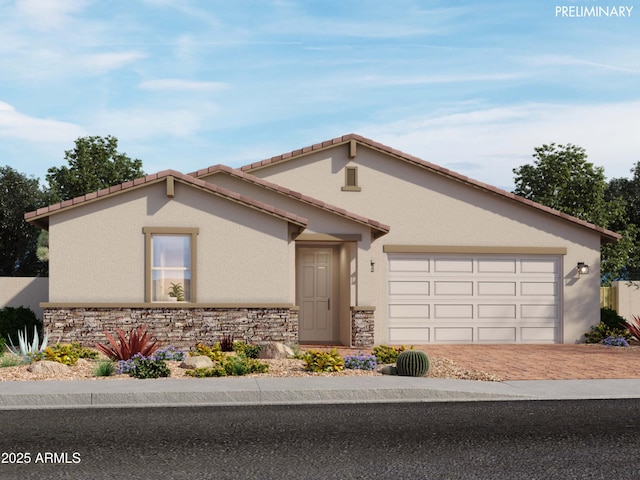 view of front of house featuring decorative driveway, stone siding, an attached garage, and stucco siding