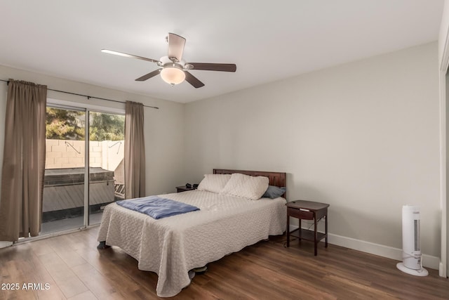 bedroom featuring dark wood-type flooring, access to exterior, and ceiling fan