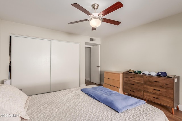 bedroom featuring ceiling fan and a closet