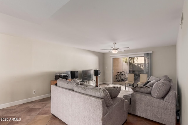 living room with tile patterned floors and ceiling fan