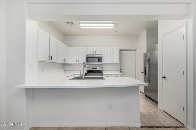kitchen featuring visible vents, a sink, a peninsula, white cabinetry, and stainless steel appliances
