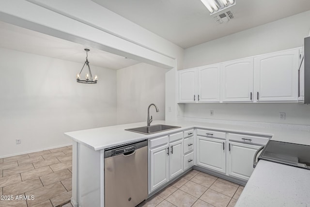 kitchen with a peninsula, white cabinets, visible vents, stainless steel dishwasher, and a sink