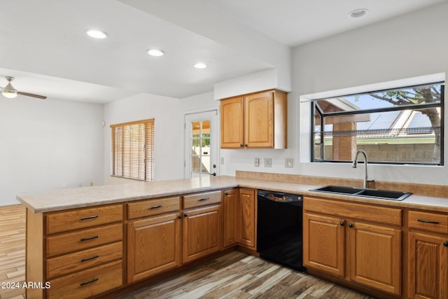 kitchen with plenty of natural light, sink, kitchen peninsula, and black dishwasher