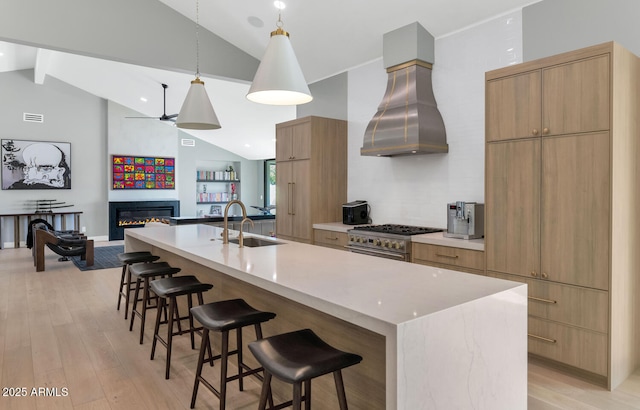 kitchen with island exhaust hood, high end stove, a large island with sink, and sink