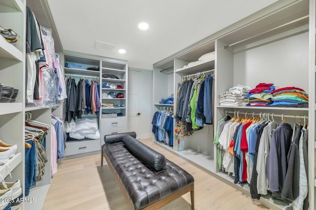 walk in closet with light hardwood / wood-style flooring