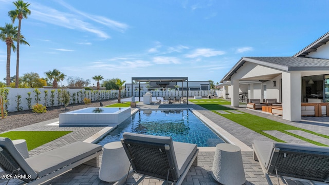 view of swimming pool featuring an outdoor hangout area, a jacuzzi, a bar, and a patio