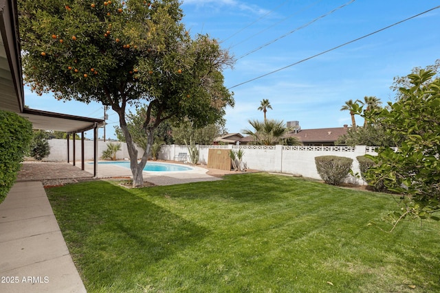 view of yard with a fenced in pool, a patio area, and a fenced backyard