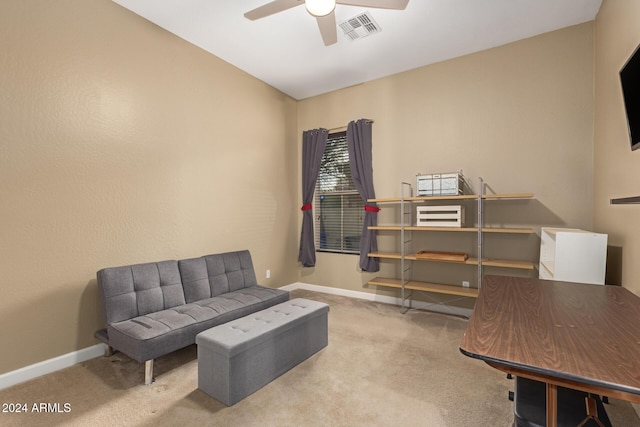 office area featuring ceiling fan and carpet