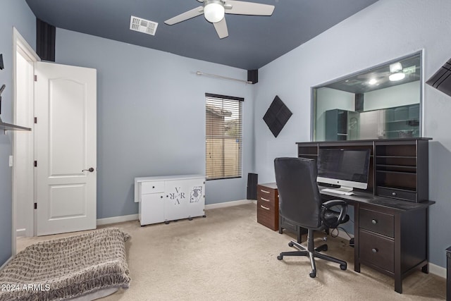 office area with ceiling fan and light colored carpet