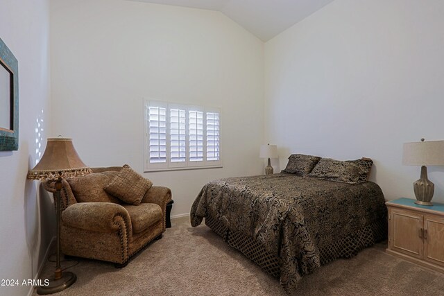 carpeted bedroom with lofted ceiling