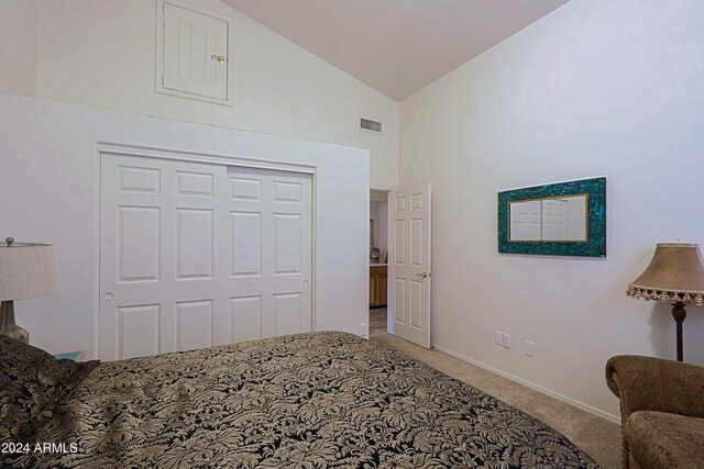 carpeted bedroom featuring a closet and high vaulted ceiling