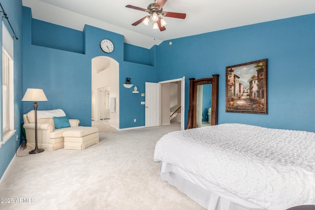 3713 E Encinas Ave, Gilbert, AZ 85234 - bedroom with carpet flooring, baseboards, high vaulted ceiling, and a ceiling fan
