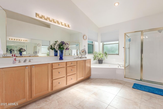 3713 E Encinas Ave, Gilbert, AZ 85234 - full bathroom featuring lofted ceiling, double vanity, a shower stall, a bath, and tile patterned flooring