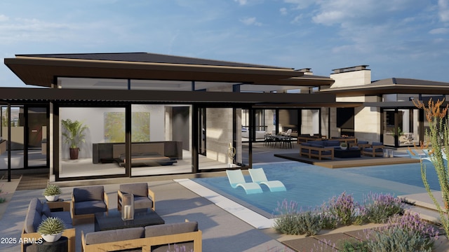 rear view of property featuring an infinity pool, a patio, and an outdoor hangout area